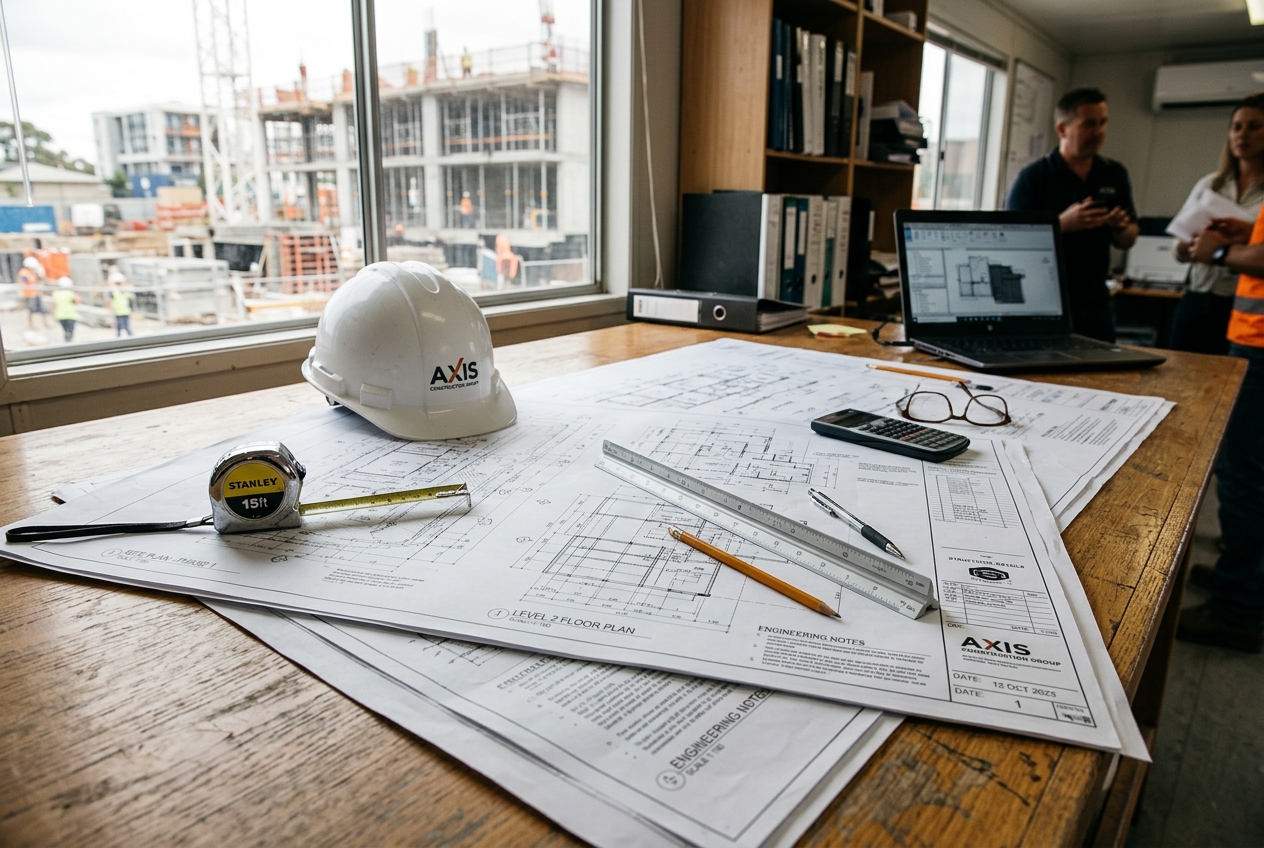 Engineering blueprints and tools on table, symbolizing ANCHORZ construction planning