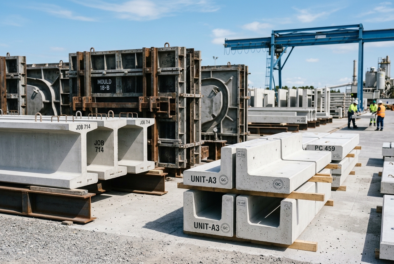 Custom concrete blocks and casting moulds in a manufacturing facility