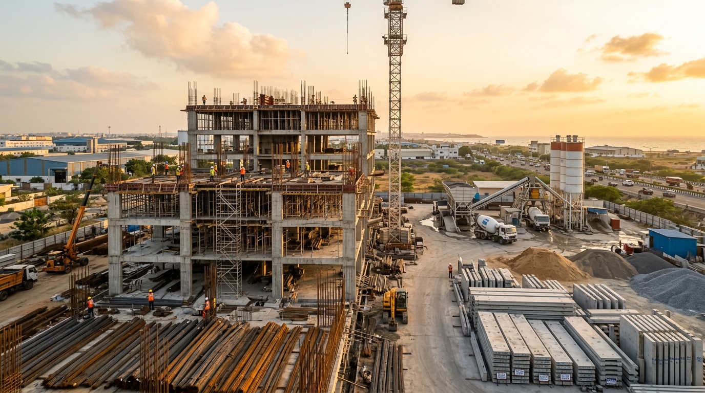 ANCHORZ construction site showing steel framing and concrete structures