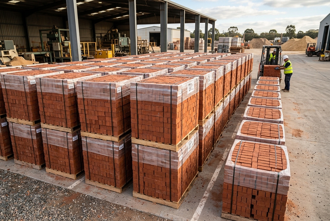 Piles of wrapped red clay bricks in a brick manufacturing yard